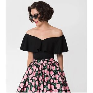 NWT Unique Vintage Black Off Shoulder Ruffle Bisou Top